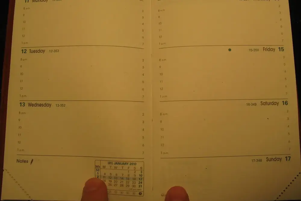 A pocket diary open at a week, two thumbs holding the page